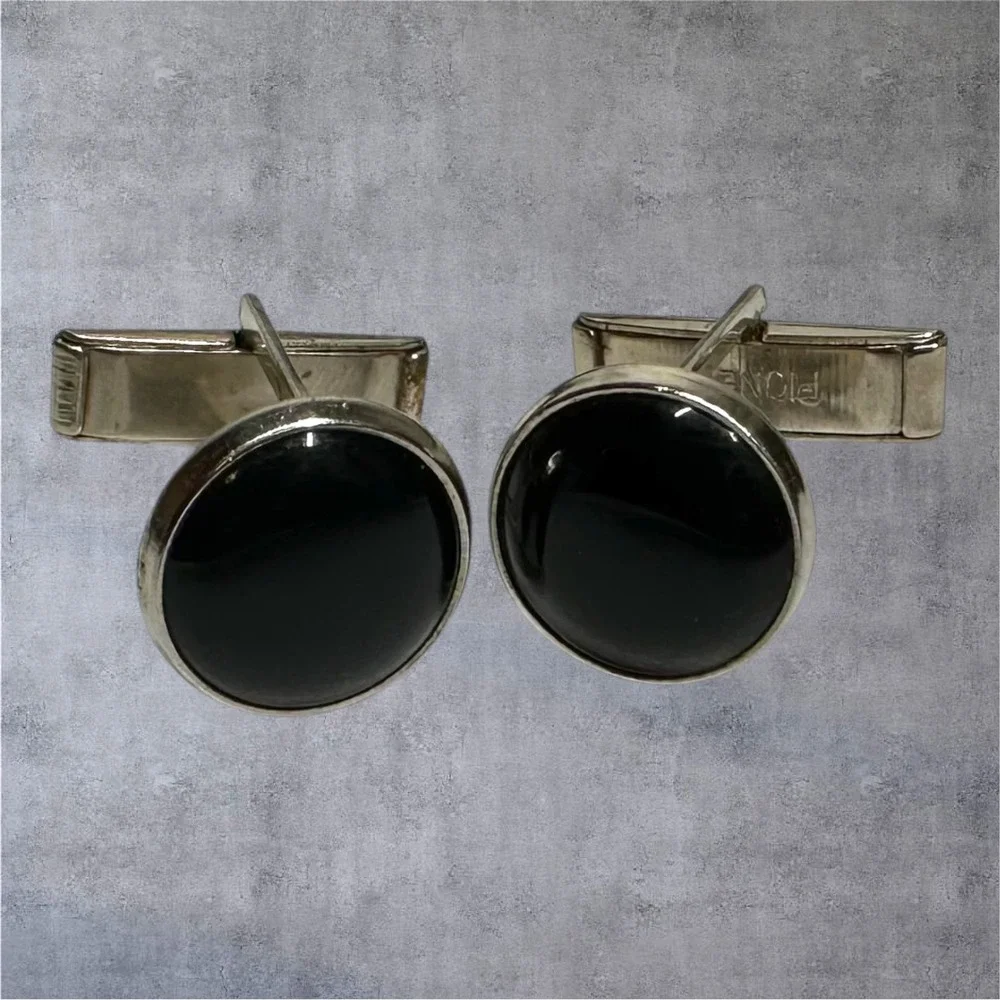 Vintage Pioneer Cufflinks Black Stone Silver‎ Tone Round Mens